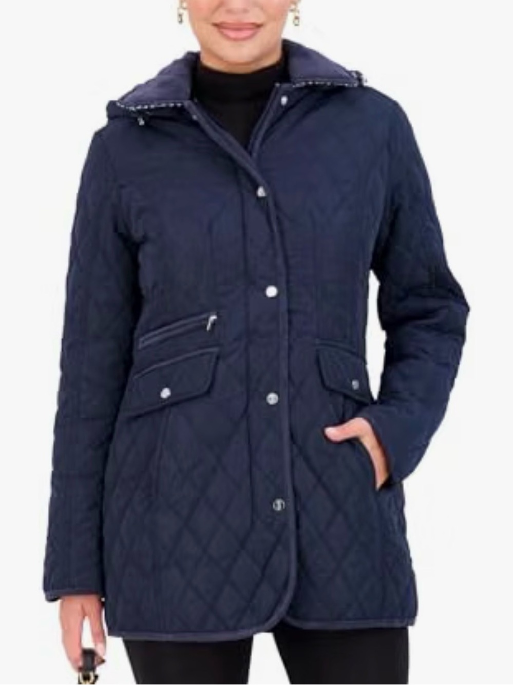 NEW Navy Blue Jones NY Black Quilted Jacket Petite Large Womens Zip Up Hoode